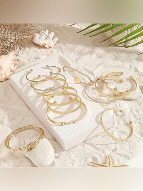 NWT~12pc 14k Gold Stackable Mix Of Bangle & Cuff Bracelets Set